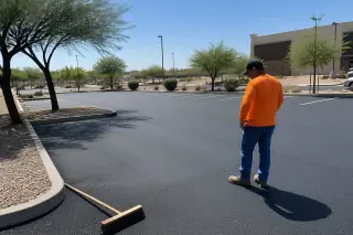 Technician inspecting a finished asphalt parking lot with desert xeriscaping in Surprise, AZ.