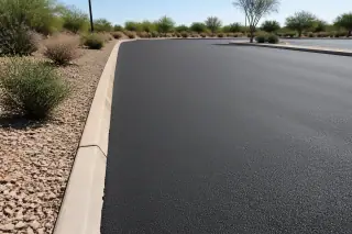 Textured asphalt overlay finish next to desert scrub on a sunny street in Surprise, AZ.