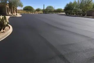 Freshly paved parking lot with textured asphalt seams and prickly pear cactus in Surprise, AZ.