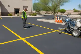 Paint striping machine near yellow parking lines on a finished lot in Surprise, AZ.