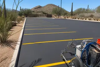 Bright yellow parking stall lines painted on asphalt with desert cacti in the background in Surprise, AZ.