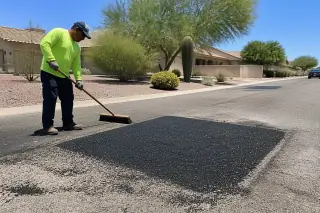 Technician sweeping loose aggregate around a freshly compacted asphalt patch on a residential street in Surprise, AZ.