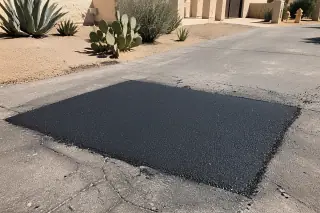 Finished asphalt patch on a residential driveway near agave plants in Surprise, AZ.