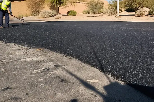 Freshly laid asphalt paving on a residential street project in Surprise, AZ under bright sunlight.
