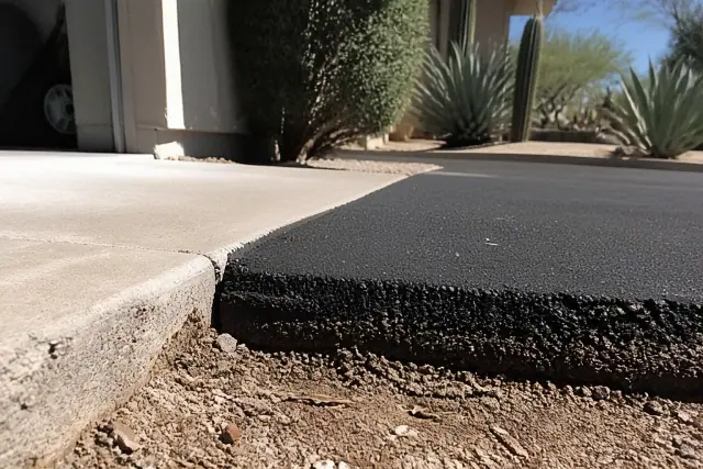 Cross-section view of a 3-inch two-lift asphalt driveway connecting to a residential garage slab in Tempe, AZ.