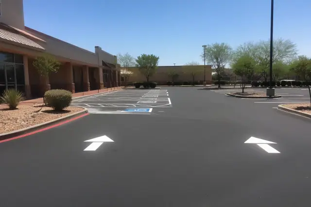 Newly paved asphalt parking lot with ADA-compliant striping at a retail center in Tempe, AZ.