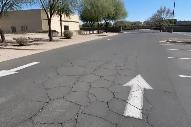 Alligator cracking in a paved parking lot in Tempe, AZ, showing damaged asphalt and stall markers.