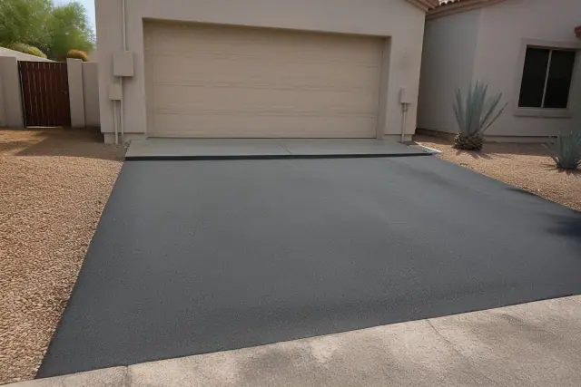Newly installed asphalt driveway connecting to a residential garage in Tempe, AZ with xeriscaped desert landscaping.