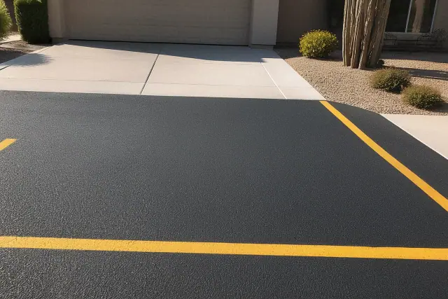 Newly installed asphalt driveway with fresh line markings at a residential home in Queen Creek, AZ.