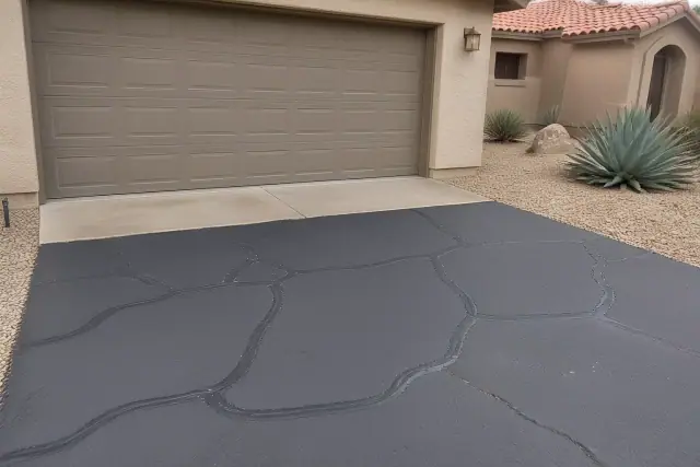Asphalt driveway crack repair near a residential garage in Tempe, AZ, featuring sealed cracks and desert landscaping.