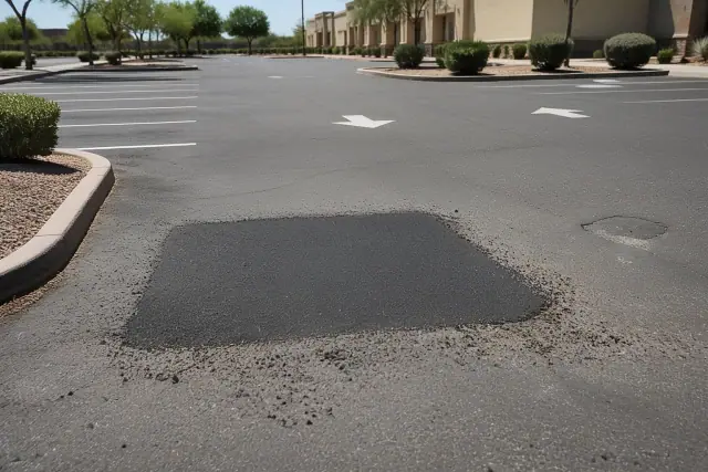 A completed asphalt pothole repair in a retail parking lot in Chandler, AZ.