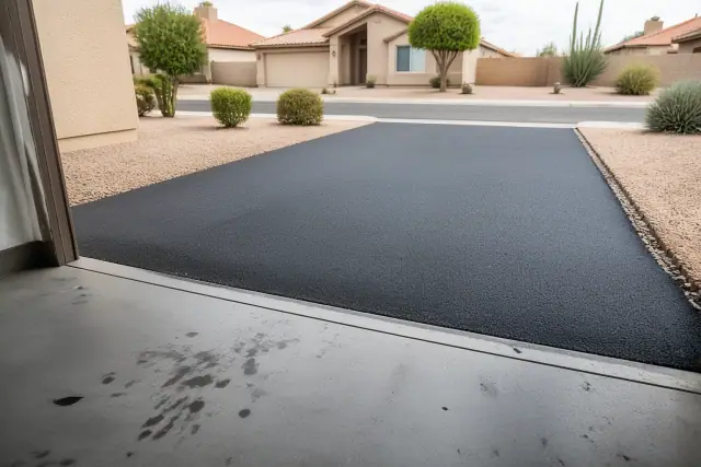 Newly installed asphalt driveway meeting a garage slab at a suburban home in Mesa, AZ.