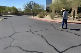 Technician inspecting finished asphalt crack filling near desert landscaping in Tempe, AZ.