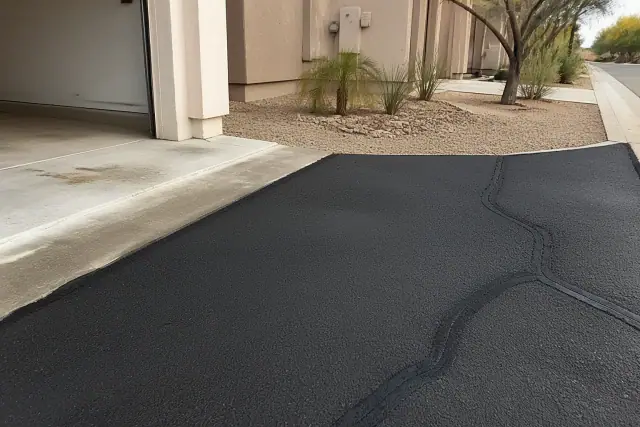 Asphalt crack repair on a new residential driveway in Peoria, AZ with desert landscaping in the background.