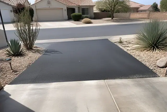 Newly installed asphalt driveway connecting to a residential garage in Tempe, AZ, featuring desert landscaping.
