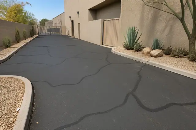 Newly paved asphalt with sealed cracks at a commercial property in Glendale, AZ.