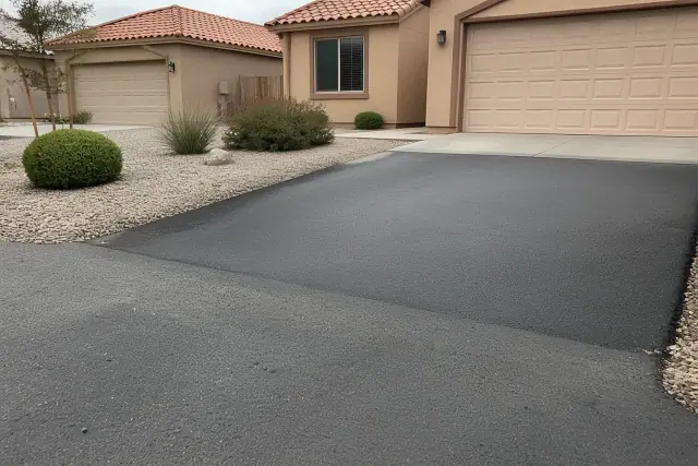 Newly installed asphalt driveway meeting a garage slab at a home in Queen Creek, AZ, surrounded by desert landscaping.