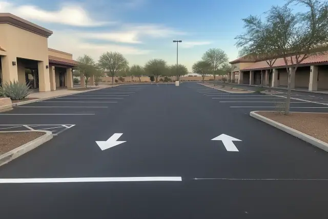 Newly paved parking lot with fresh line striping at a retail center in Scottsdale, AZ.