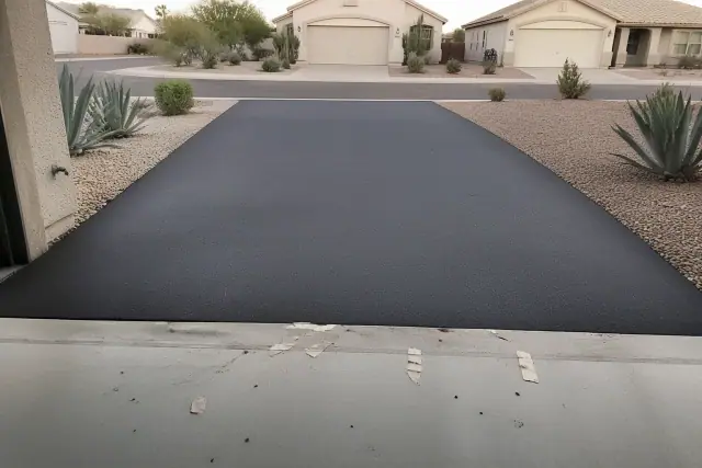 Newly finished asphalt driveway with slurry seal at a suburban home in Phoenix, AZ.