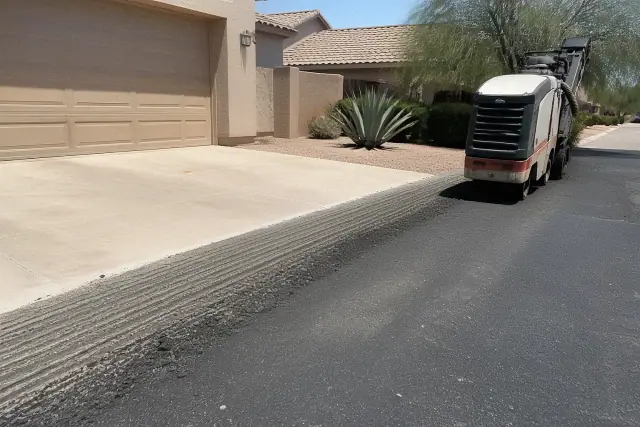 Asphalt milling transition between a garage and new driveway at a residential property in Tempe, AZ.