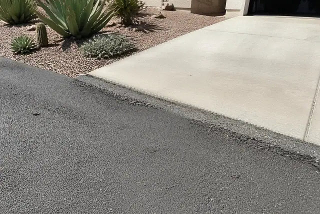 Milled asphalt transition between a residential garage slab and a new driveway in Chandler, AZ.