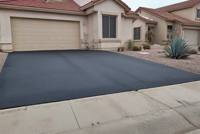 Newly resurfaced asphalt driveway connecting to a residential garage in Peoria, AZ.