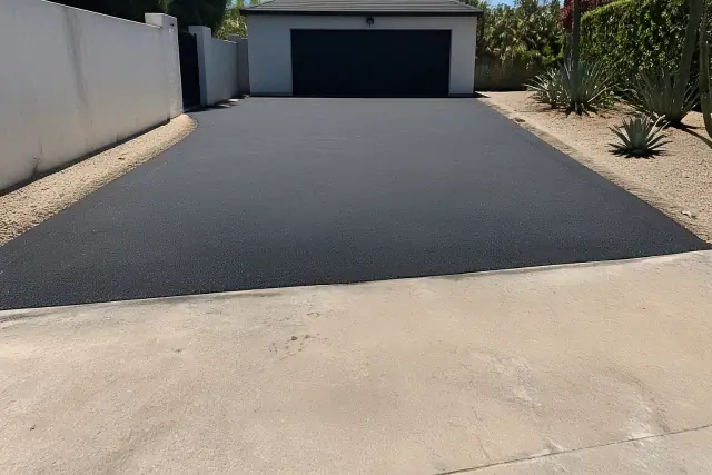 Newly paved asphalt driveway connecting to a residential garage in Tempe, AZ, featuring gravel landscaping.