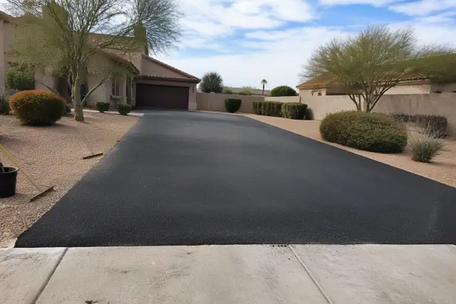 Newly paved asphalt driveway meeting a garage slab at a suburban home in Glendale, AZ.