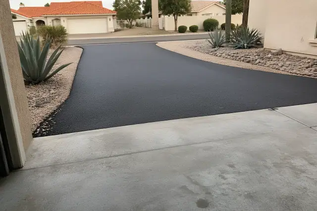 Newly installed asphalt driveway connecting to a garage at a residential home in Phoenix, AZ.