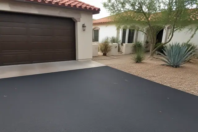 Newly installed asphalt driveway meeting a residential garage in Scottsdale, AZ.