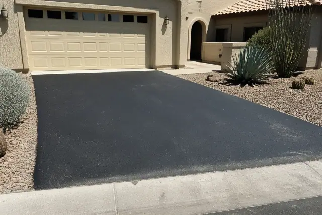 Newly paved asphalt driveway connecting to a residential garage in Chandler, AZ with desert landscaping.