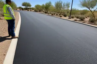 Technician in a high-visibility vest inspecting a finished asphalt surface at a Tempe, AZ jobsite.