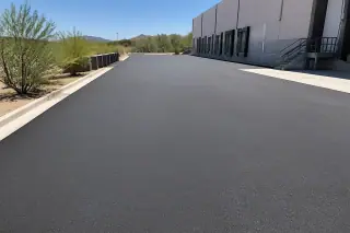 Wide view of a freshly paved asphalt commercial loading zone in Tempe, AZ with desert shrubs and harsh sunlight.