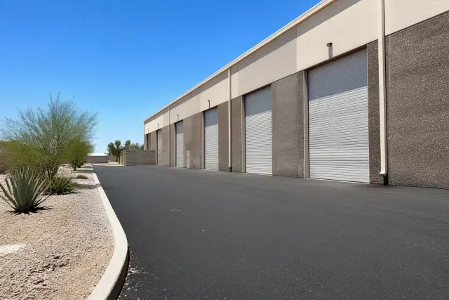 Newly paved asphalt driveway at a commercial warehouse in Phoenix, AZ, with desert landscaping.