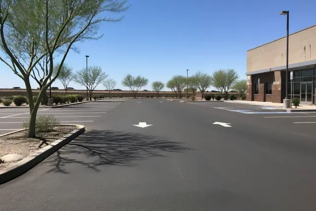 Newly paved asphalt parking lot with painted stalls and directional arrows at a retail center in Mesa, AZ.