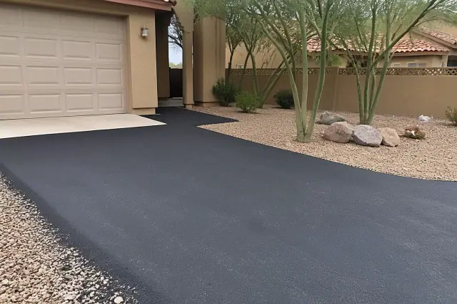 Newly paved asphalt driveway meeting a residential garage in Scottsdale, AZ, with xeriscaping and stucco walls.