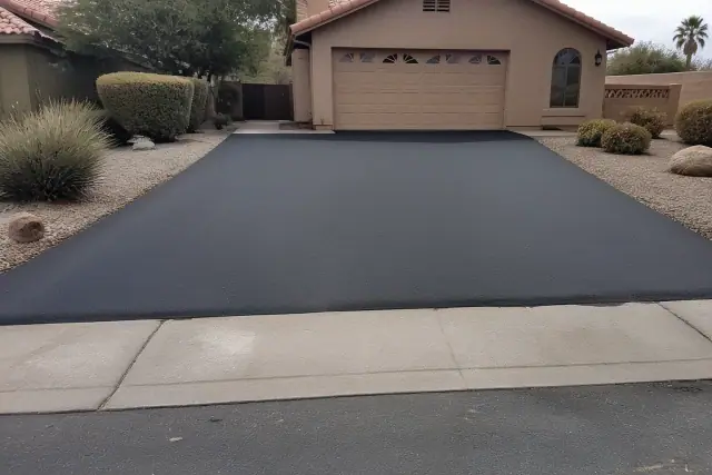 Newly installed asphalt driveway connecting to a garage at a residential home in Gilbert, AZ.