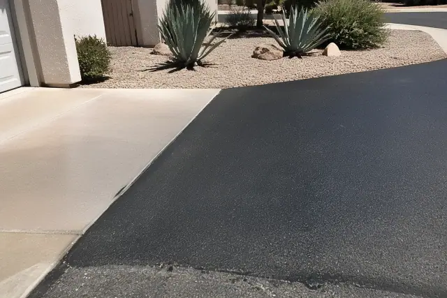 Newly patched asphalt driveway transition at a residential property in Glendale, AZ.