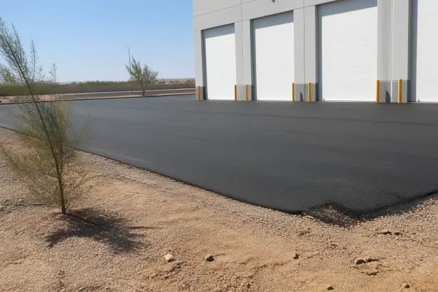 Newly paved asphalt apron in front of a commercial warehouse in Queen Creek, AZ.