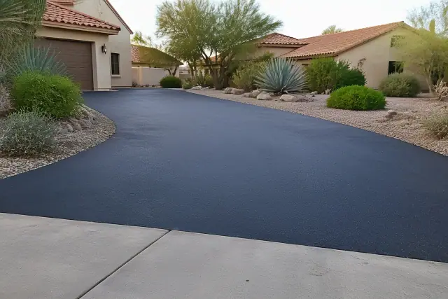 Newly resurfaced asphalt driveway transitioning to a garage at a residential home in Tempe, AZ.