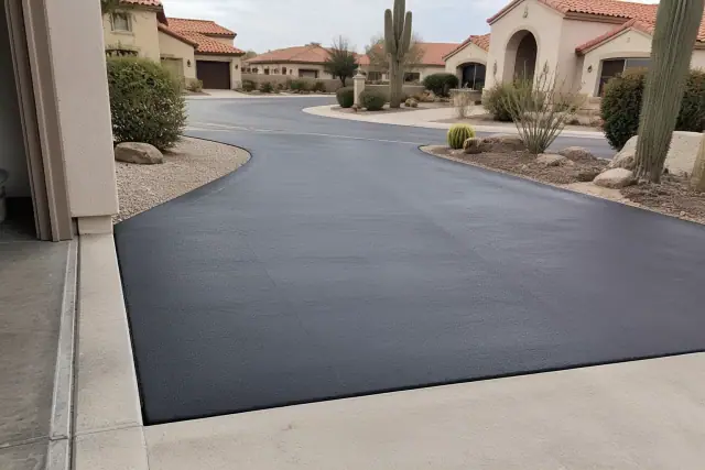 Freshly sealcoated asphalt driveway meeting a concrete garage slab at a residential home in Scottsdale, AZ.