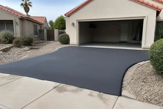 Newly sealcoated asphalt driveway meeting a residential garage in Chandler, AZ.