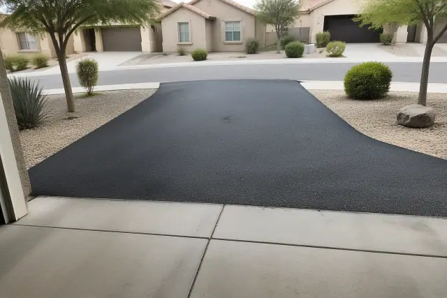 New asphalt driveway overlay meeting a concrete garage slab at a residential property in Queen Creek, AZ.