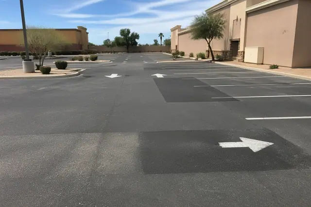 Completed asphalt parking lot repairs with fresh pavement patches at a retail center in Peoria, AZ.