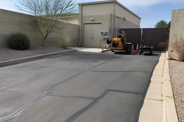 Freshly sealed asphalt cracks and resurfacing equipment at a commercial property in Tempe, AZ.