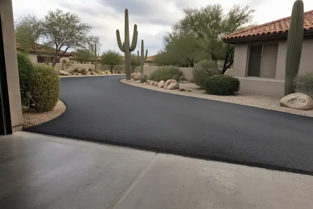 Newly installed asphalt driveway meeting a residential garage in Paradise Valley, AZ, with desert landscaping.