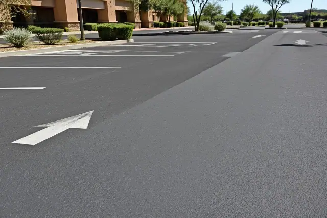Freshly paved asphalt parking lot with painted stall markers and directional arrows in Tempe, AZ.