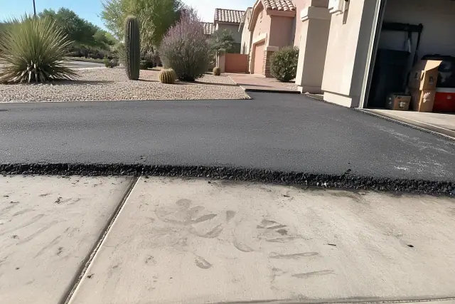Newly installed asphalt driveway meeting a residential garage slab in Tempe, AZ.