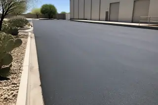 Freshly paved asphalt loading zone with prickly pear cacti and desert rock landscaping in Tempe, AZ.