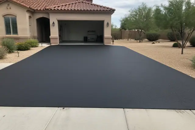 Newly sealcoated asphalt driveway transitioning to a garage at a suburban home in Queen Creek, AZ.